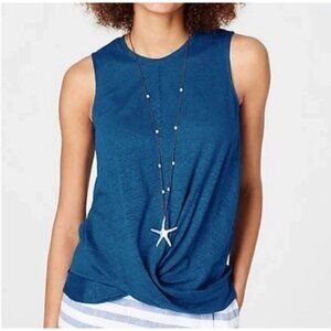 J.Jill Blue Linen Knit Draper Twist Front Tank Top LARGE Sleeveless shirt Tank S